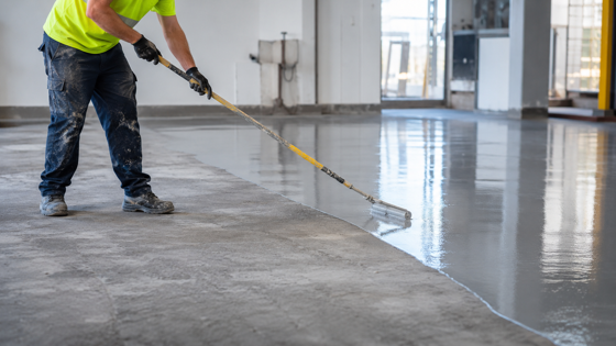 Installer rolling an epoxy floor coating across a commercial slab