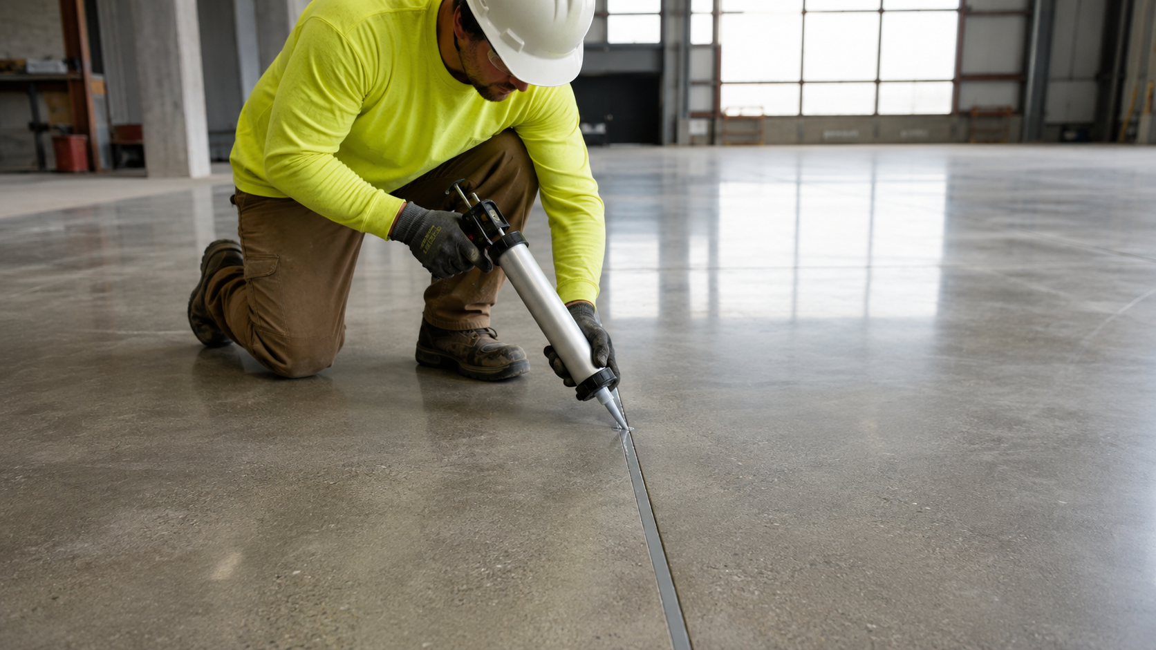 Installer applying semi-rigid joint filler to a polished concrete slab joint
