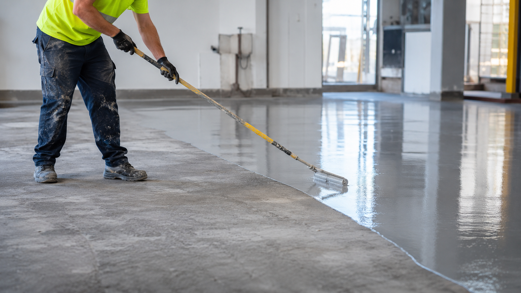 Installer rolling an epoxy floor coating across a commercial slab