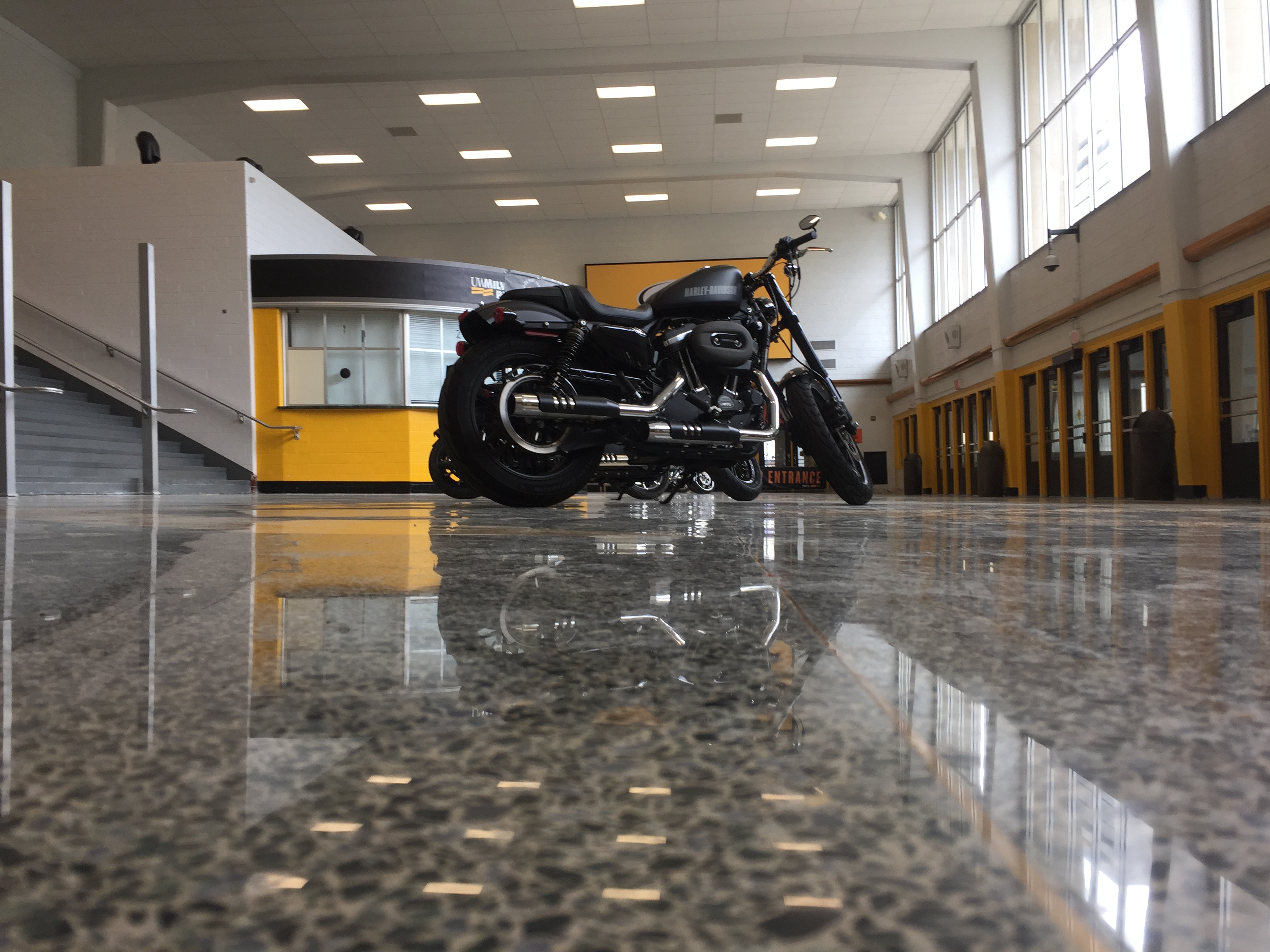 Polished terrazzo lobby floor in an institutional building